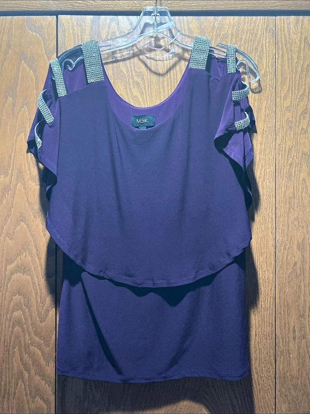MSK Cold-Shoulder Rhinestone-Trim Top Purple Large